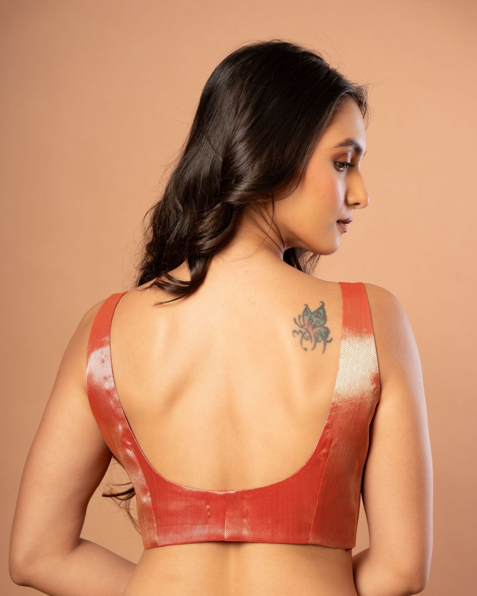 Red Brocade U Neckline Sleeveless Blouse - Anvi Couture