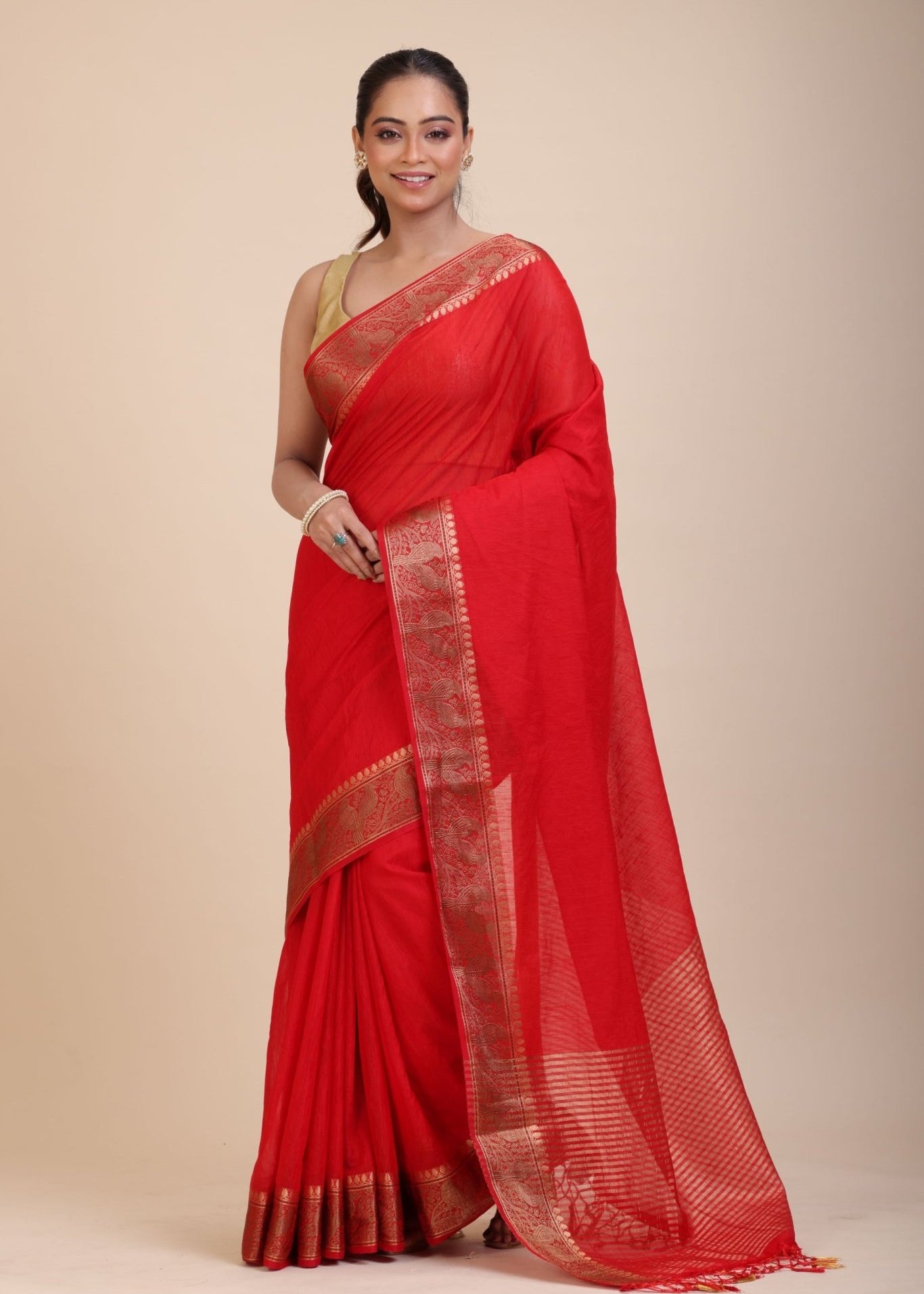 Red Chanderi Silk Saree With Gold Border - Anvi Couture