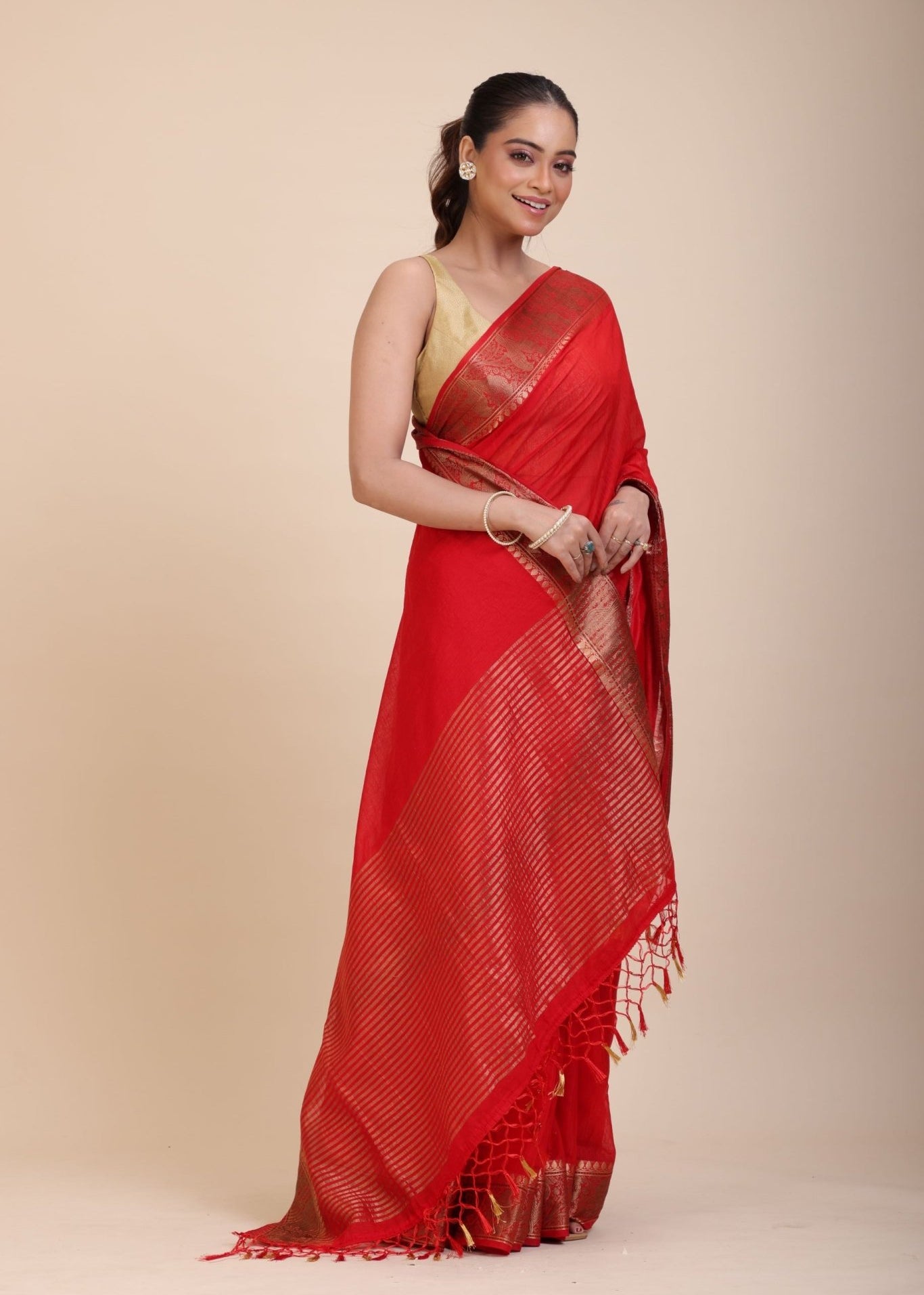 Red Chanderi Silk Saree With Gold Border - Anvi Couture