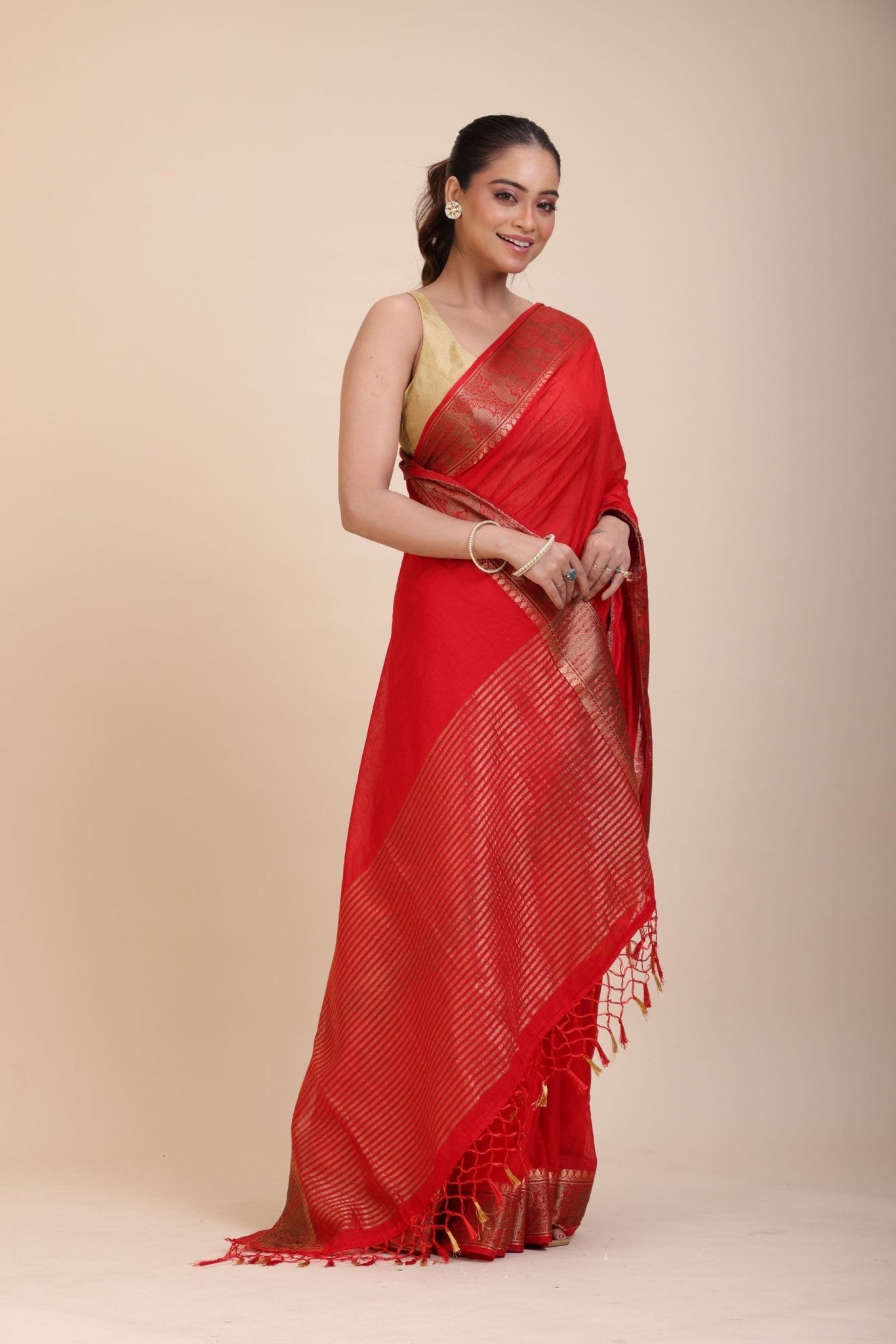 Red Chanderi Silk Saree With Gold Border - Anvi Couture