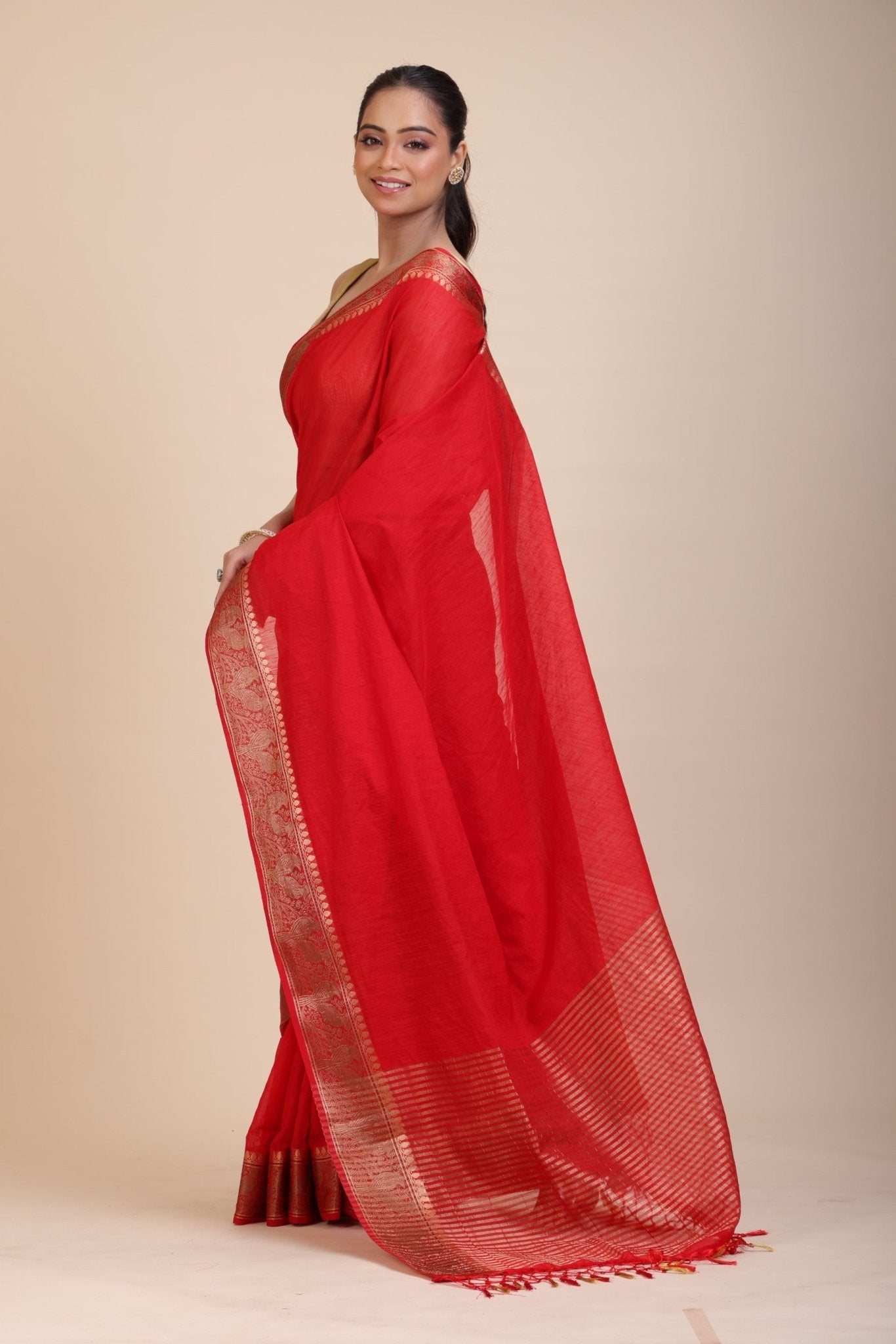 Red Chanderi Silk Saree With Gold Border - Anvi Couture