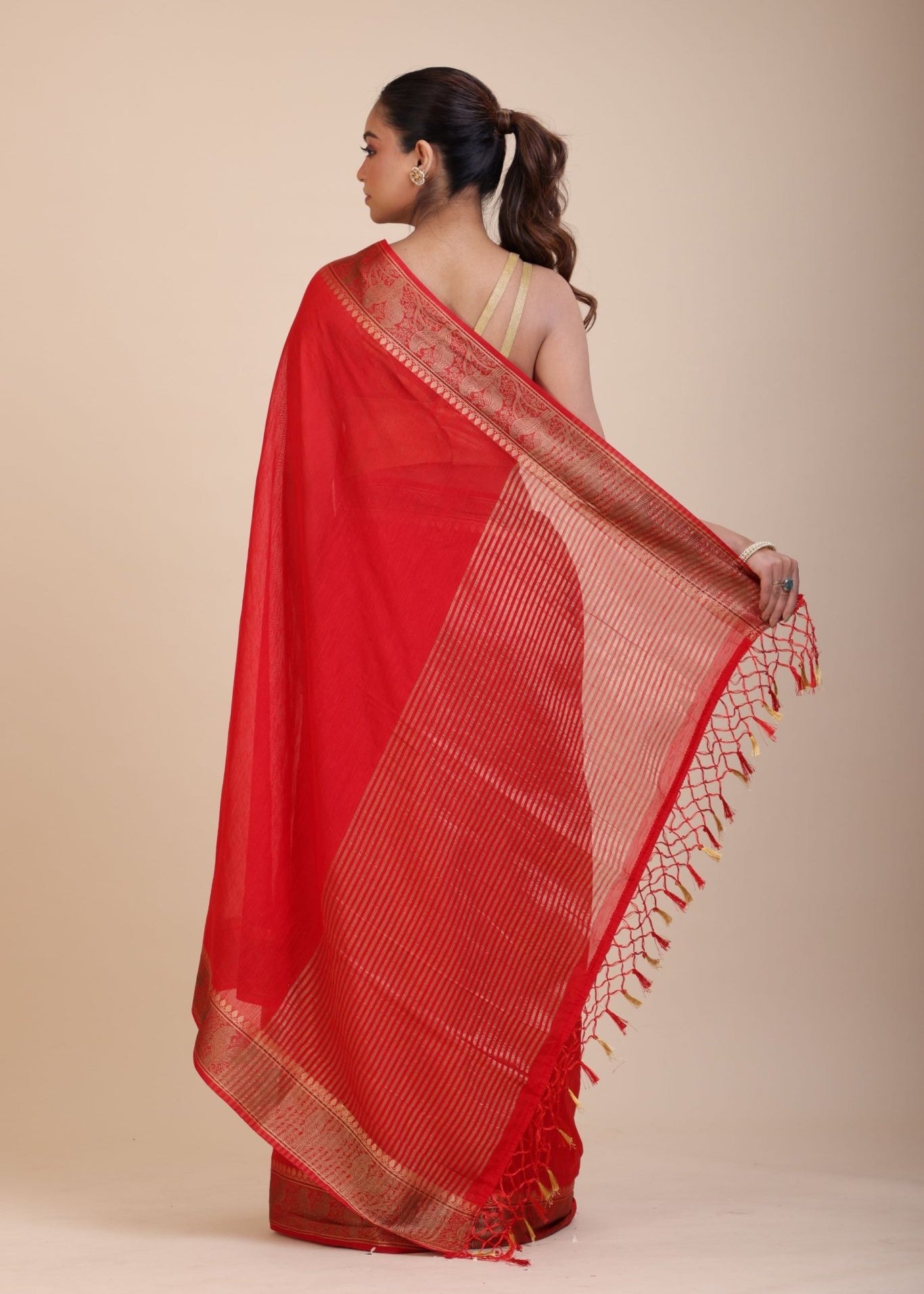 Red Chanderi Silk Saree With Gold Border - Anvi Couture