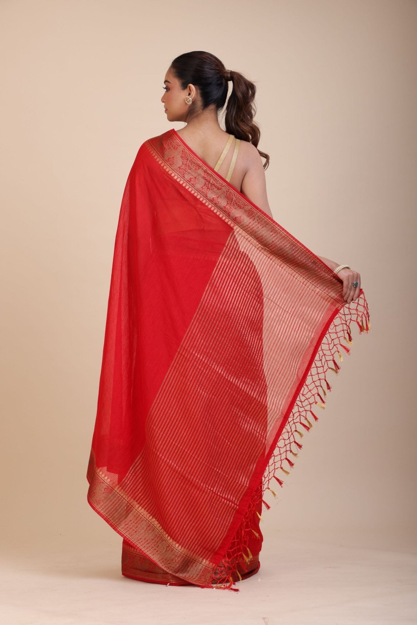 Red Chanderi Silk Saree With Gold Border - Anvi Couture