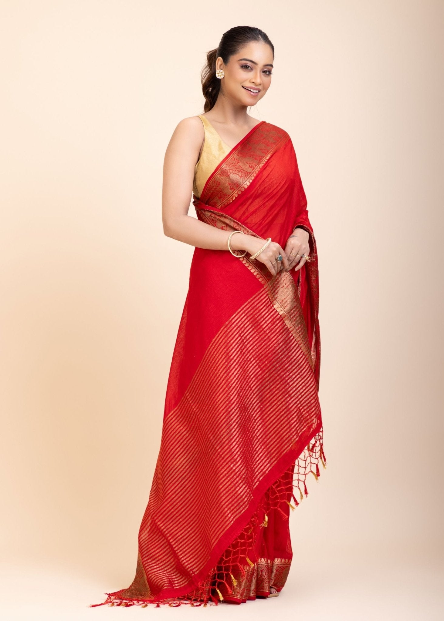 Red Chanderi Silk Saree With Gold Border - Anvi Couture