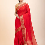 Red Chanderi Silk Saree With Gold Border - Anvi Couture