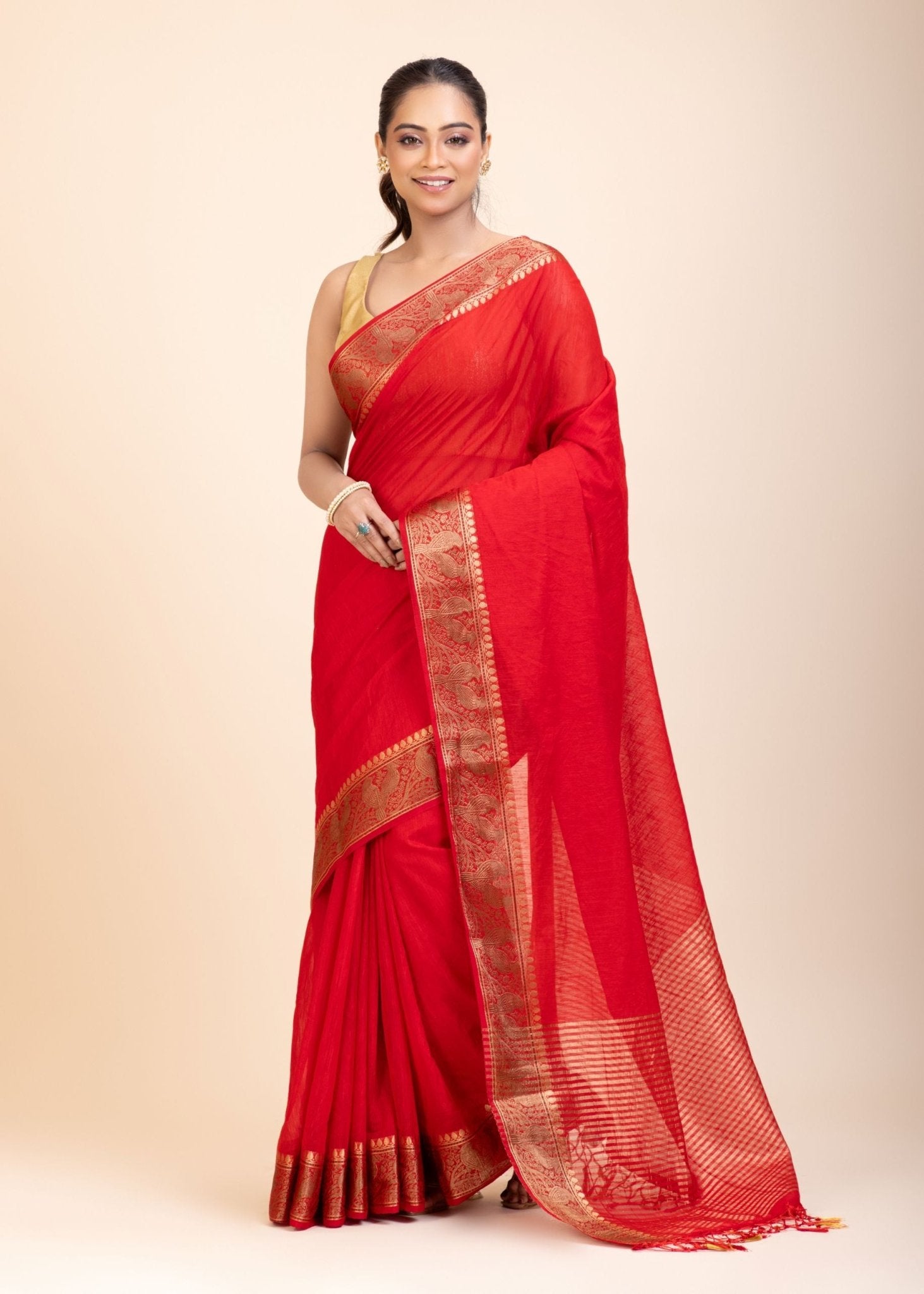 Red Chanderi Silk Saree With Gold Border - Anvi Couture