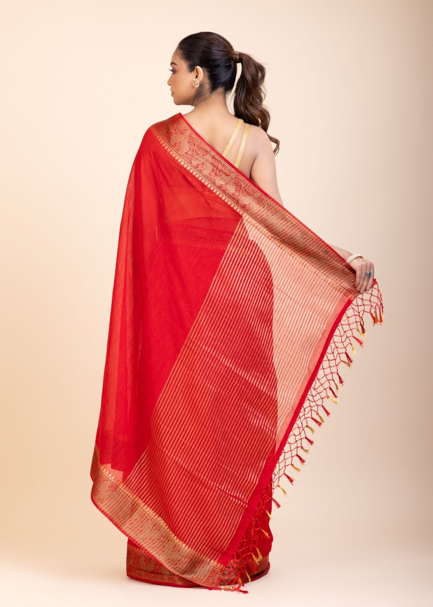 Red Chanderi Silk Saree With Gold Border - Anvi Couture