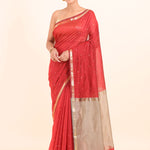 Red Chanderi Silk Saree With Golden Pallu and Border full