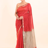 Red Chanderi Silk Saree With Golden Pallu and Border full