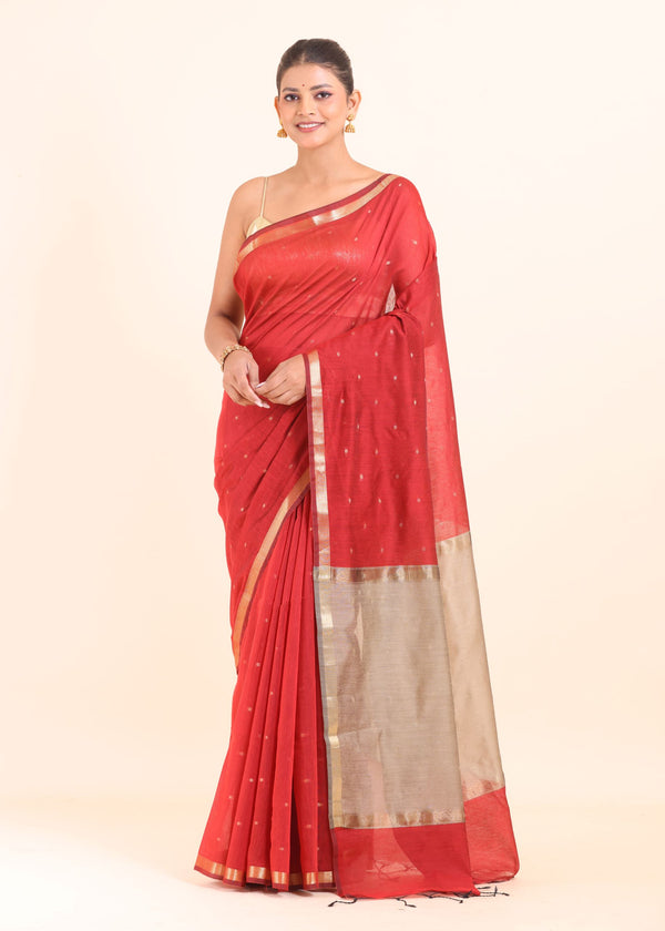 Red Chanderi Silk Saree With Golden Pallu and Border full