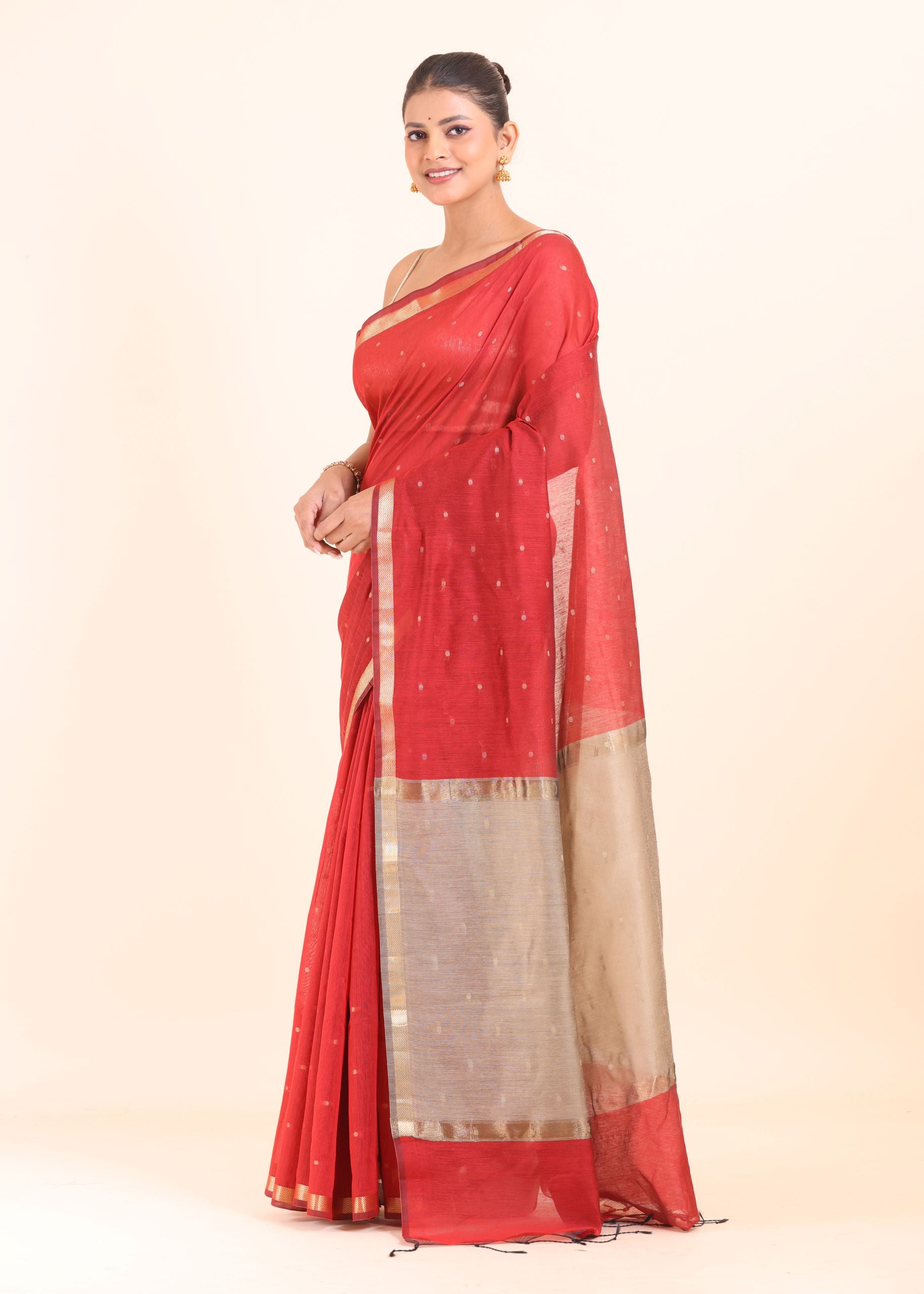 Red Chanderi Silk Saree With Golden Pallu and Border front
