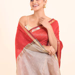 Red Chanderi Silk Saree With Golden Pallu and Border close up