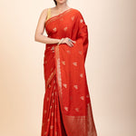 Red Chanderi Silk Saree with Gold Zari Bootis allover - Anvi Couture