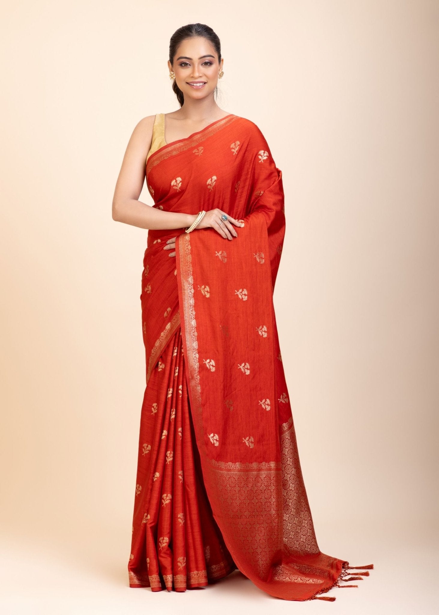 Red Chanderi Silk Saree with Gold Zari Bootis allover - Anvi Couture