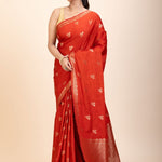 Red Chanderi Silk Saree with Gold Zari Bootis allover - Anvi Couture