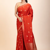 Red Chanderi Silk Saree with Gold Zari Bootis allover - Anvi Couture