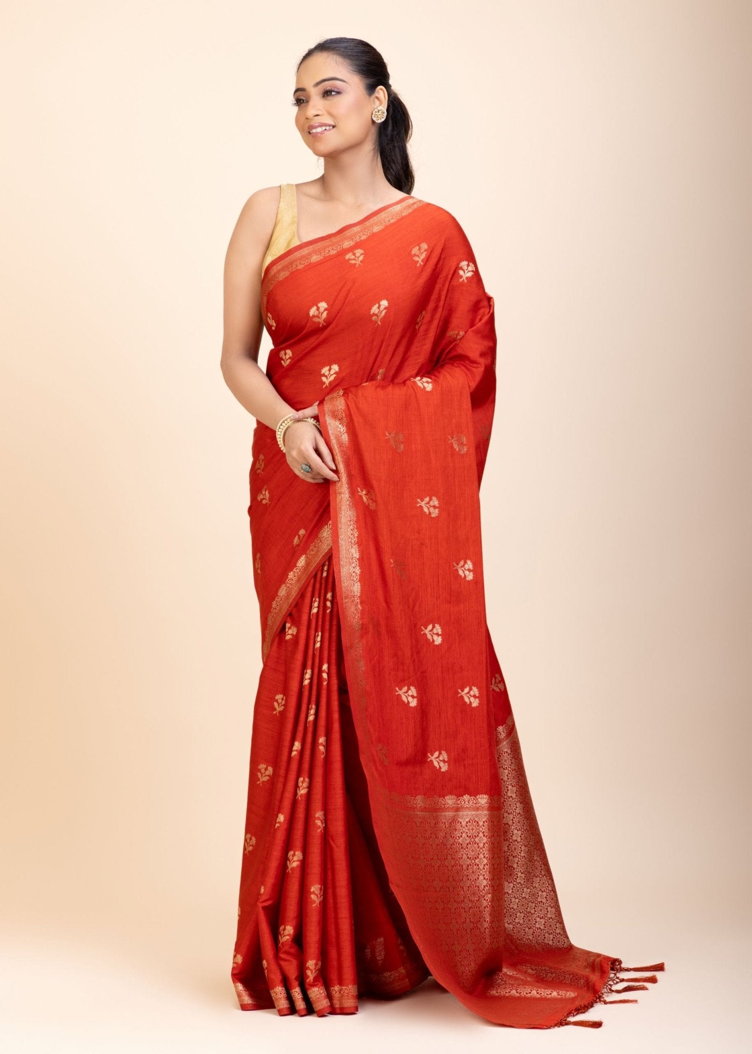 Red Chanderi Silk Saree with Gold Zari Bootis allover - Anvi Couture