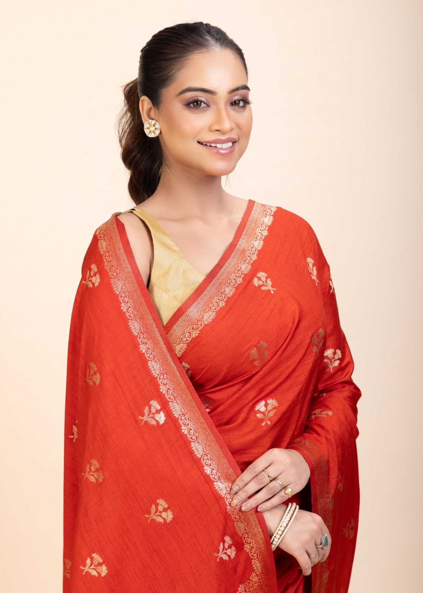 Red Chanderi Silk Saree with Gold Zari Bootis allover - Anvi Couture