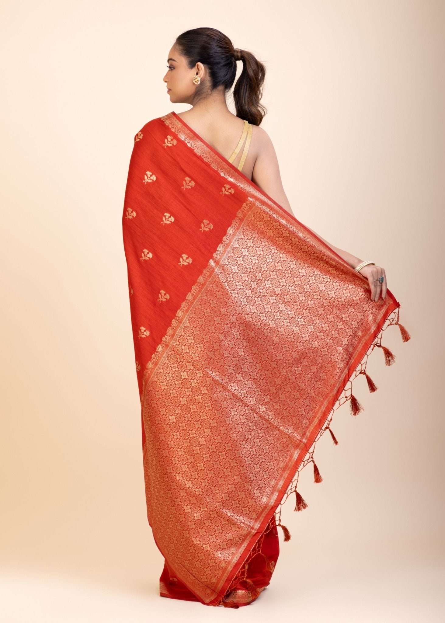 Red Chanderi Silk Saree with Gold Zari Bootis allover - Anvi Couture