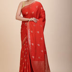 Red Chanderi Silk Saree with Gold Zari Bootis allover - Anvi Couture