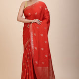 Red Chanderi Silk Saree with Gold Zari Bootis allover - Anvi Couture