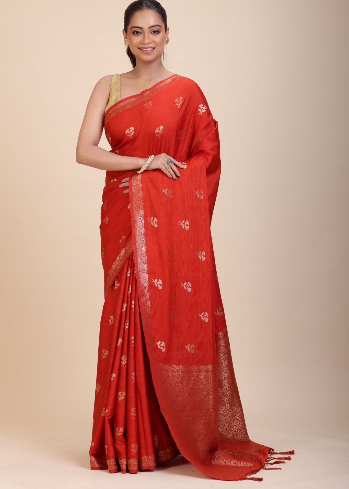 Red Chanderi Silk Saree with Gold Zari Bootis allover - Anvi Couture