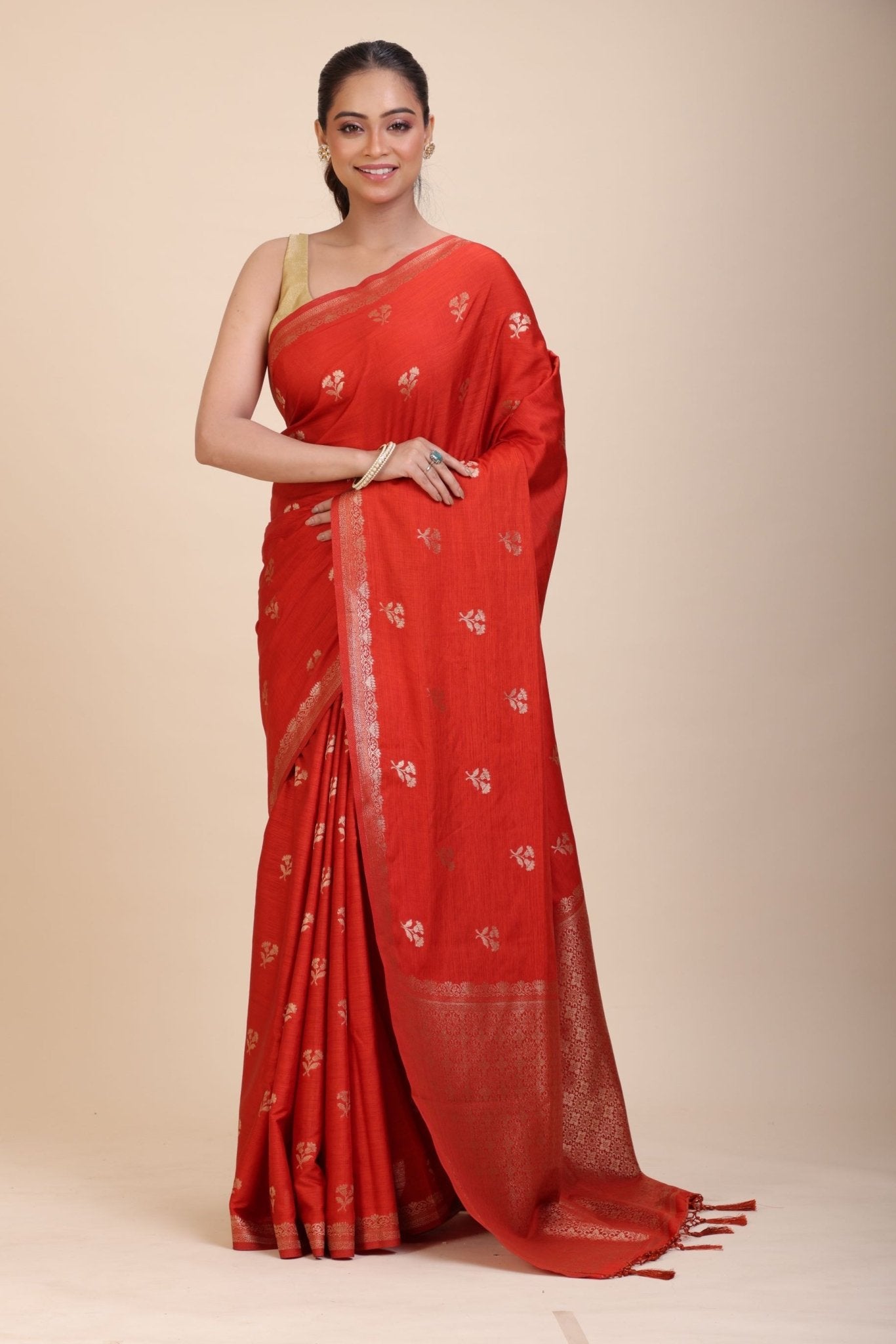 Red Chanderi Silk Saree with Gold Zari Bootis allover - Anvi Couture