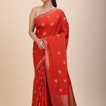 Red Chanderi Silk Saree with Gold Zari Bootis allover - Anvi Couture