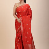 Red Chanderi Silk Saree with Gold Zari Bootis allover - Anvi Couture