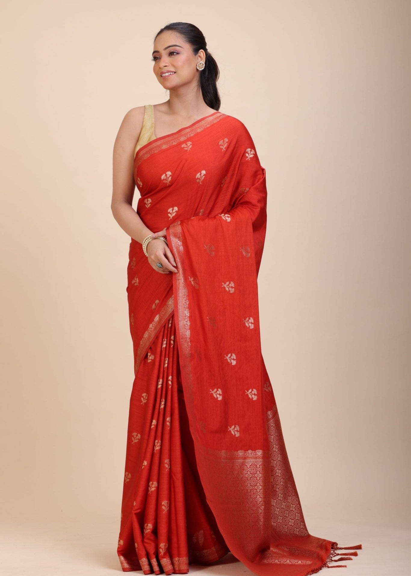 Red Chanderi Silk Saree with Gold Zari Bootis allover - Anvi Couture