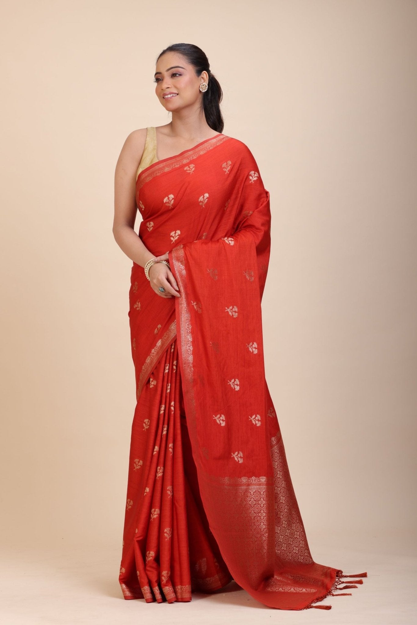 Red Chanderi Silk Saree with Gold Zari Bootis allover - Anvi Couture