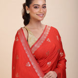Red Chanderi Silk Saree with Gold Zari Bootis allover - Anvi Couture