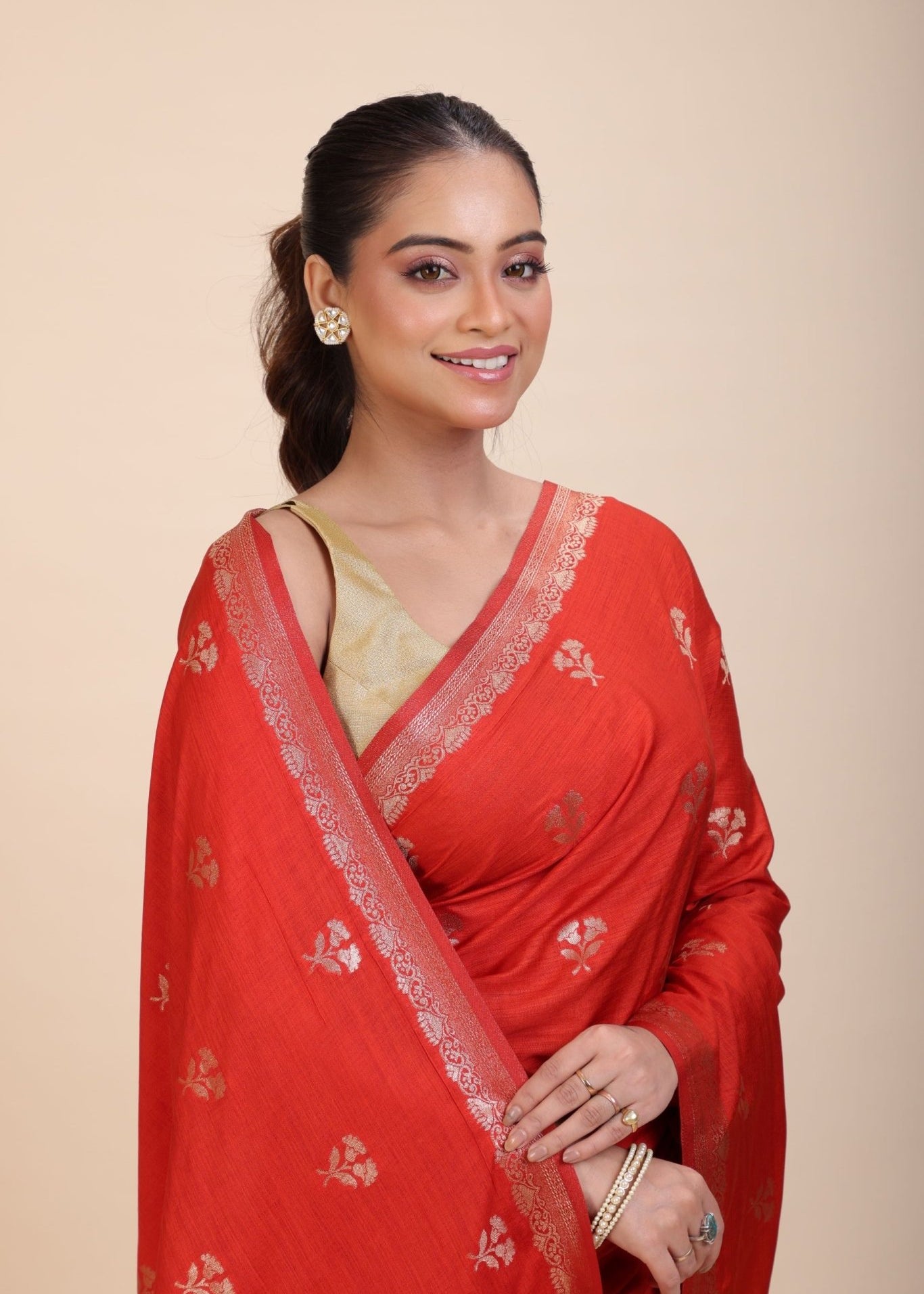 Red Chanderi Silk Saree with Gold Zari Bootis allover - Anvi Couture