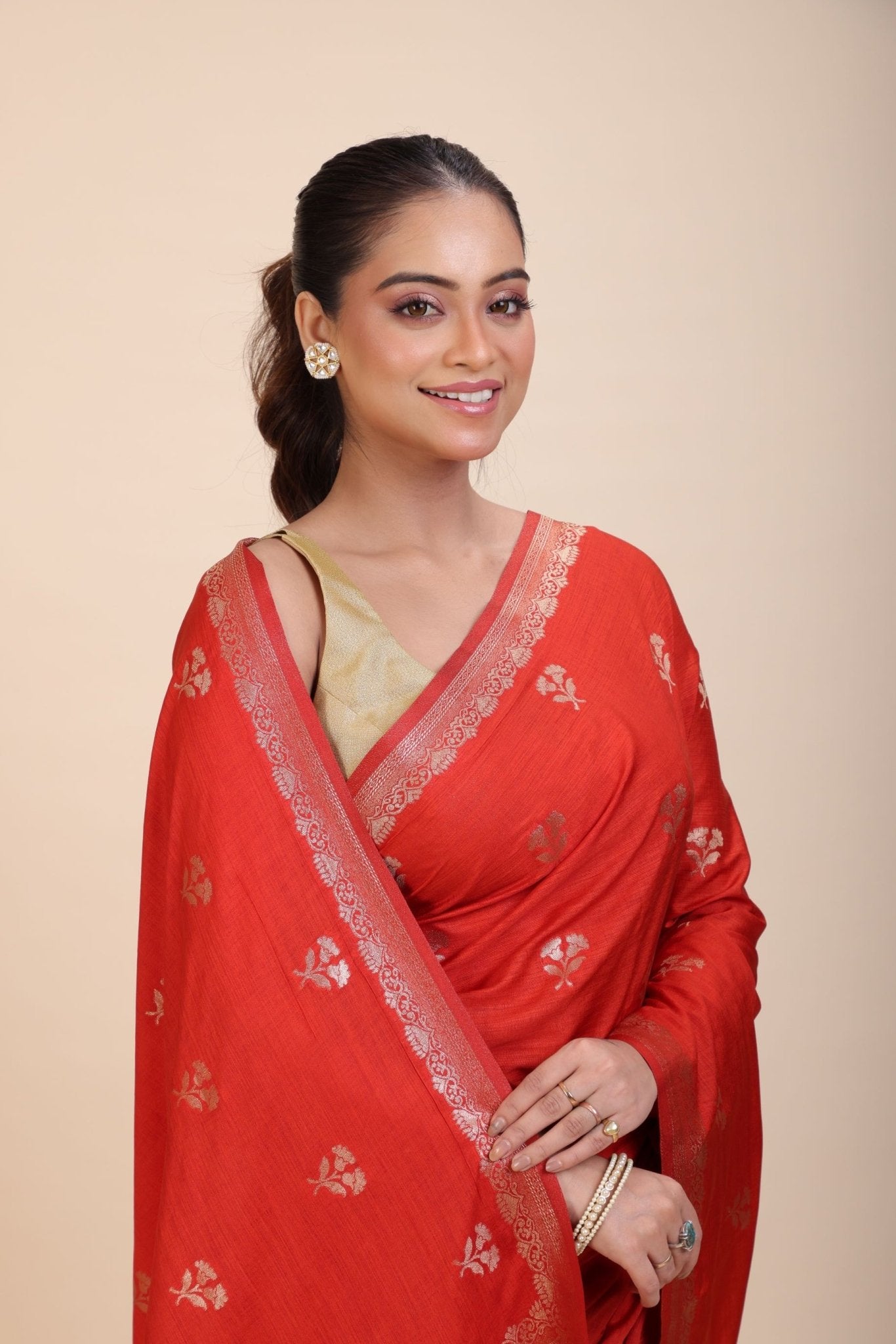Red Chanderi Silk Saree with Gold Zari Bootis allover - Anvi Couture