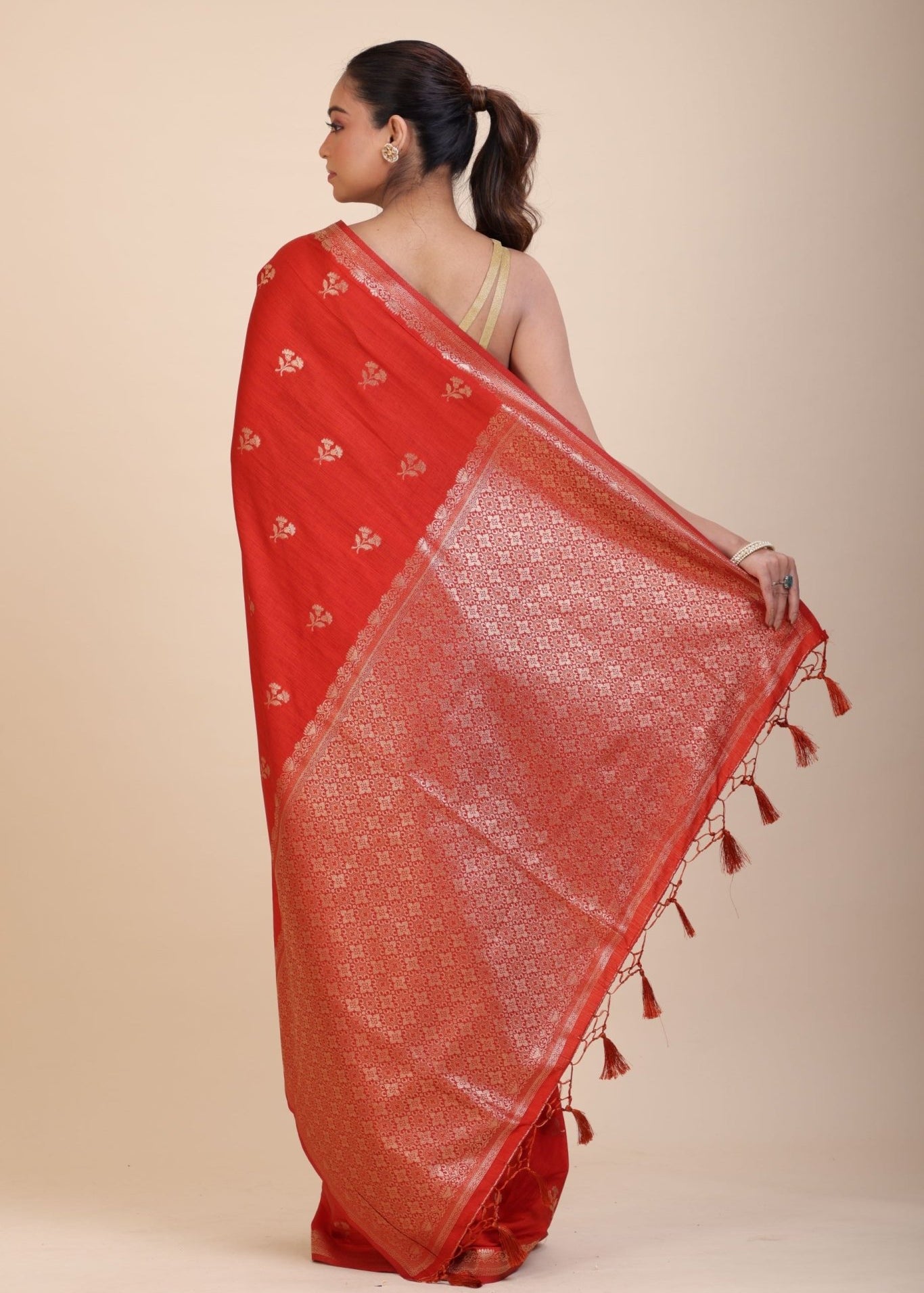 Red Chanderi Silk Saree with Gold Zari Bootis allover - Anvi Couture