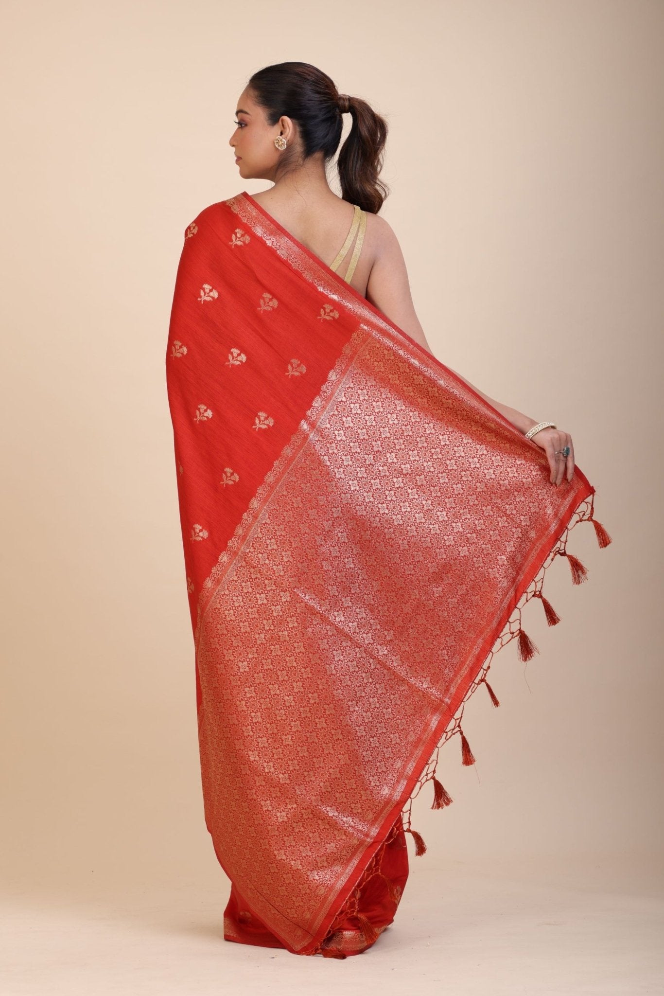 Red Chanderi Silk Saree with Gold Zari Bootis allover - Anvi Couture