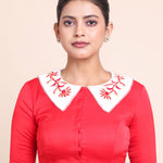 Red Collar Blouse With White Embroidered Collar Front