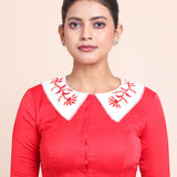 Red Collar Blouse With White Embroidered Collar Front