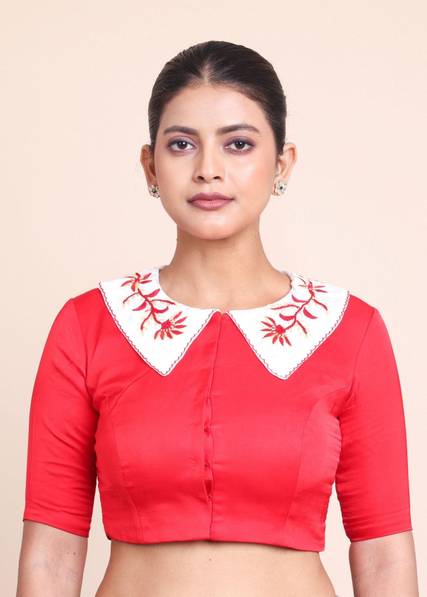 Red Collar Blouse With White Embroidered Collar - Anvi Couture