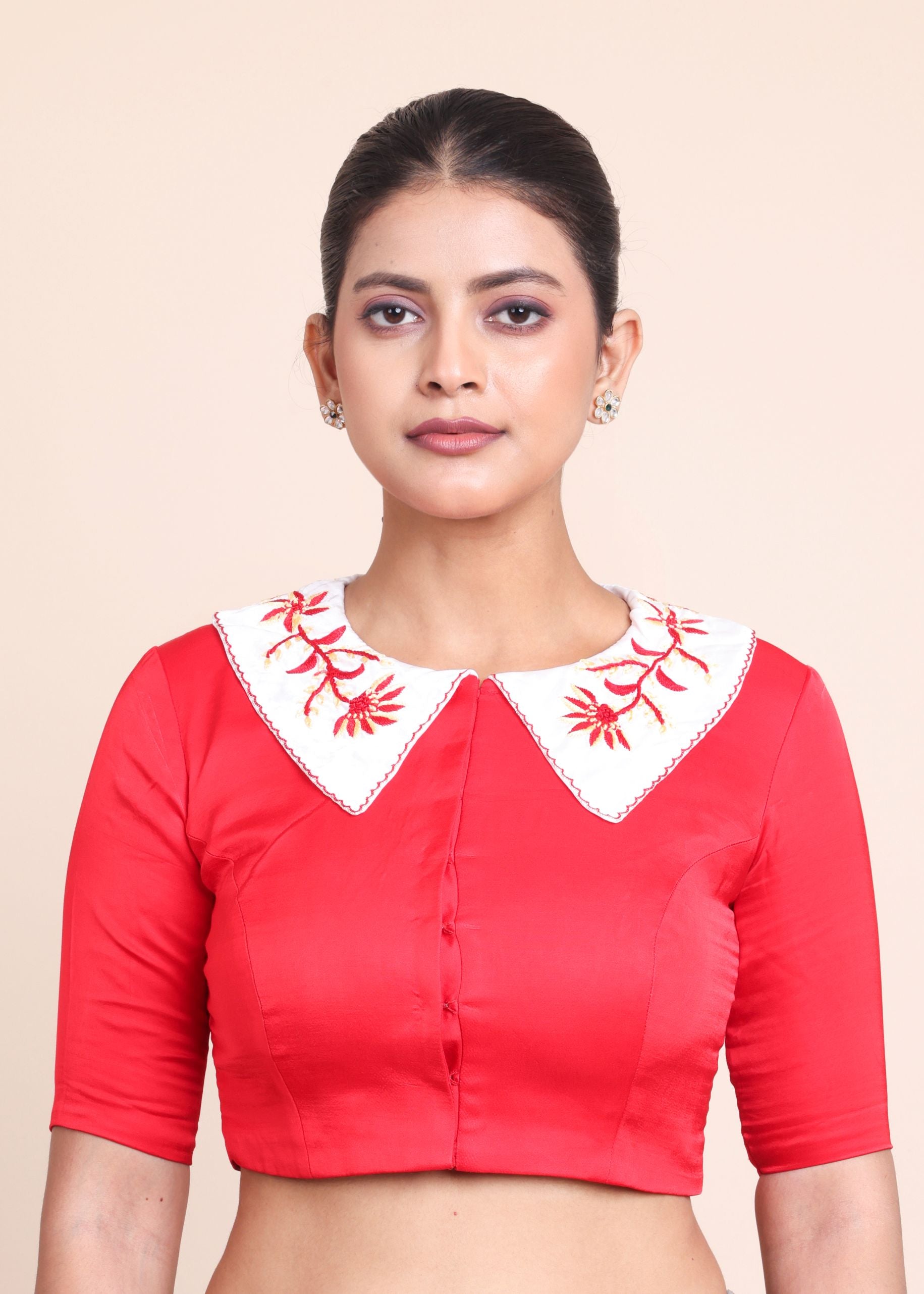 Red Collar Blouse With White Embroidered Collar Front