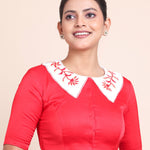 Red Collar Blouse With White Embroidered Collar Front