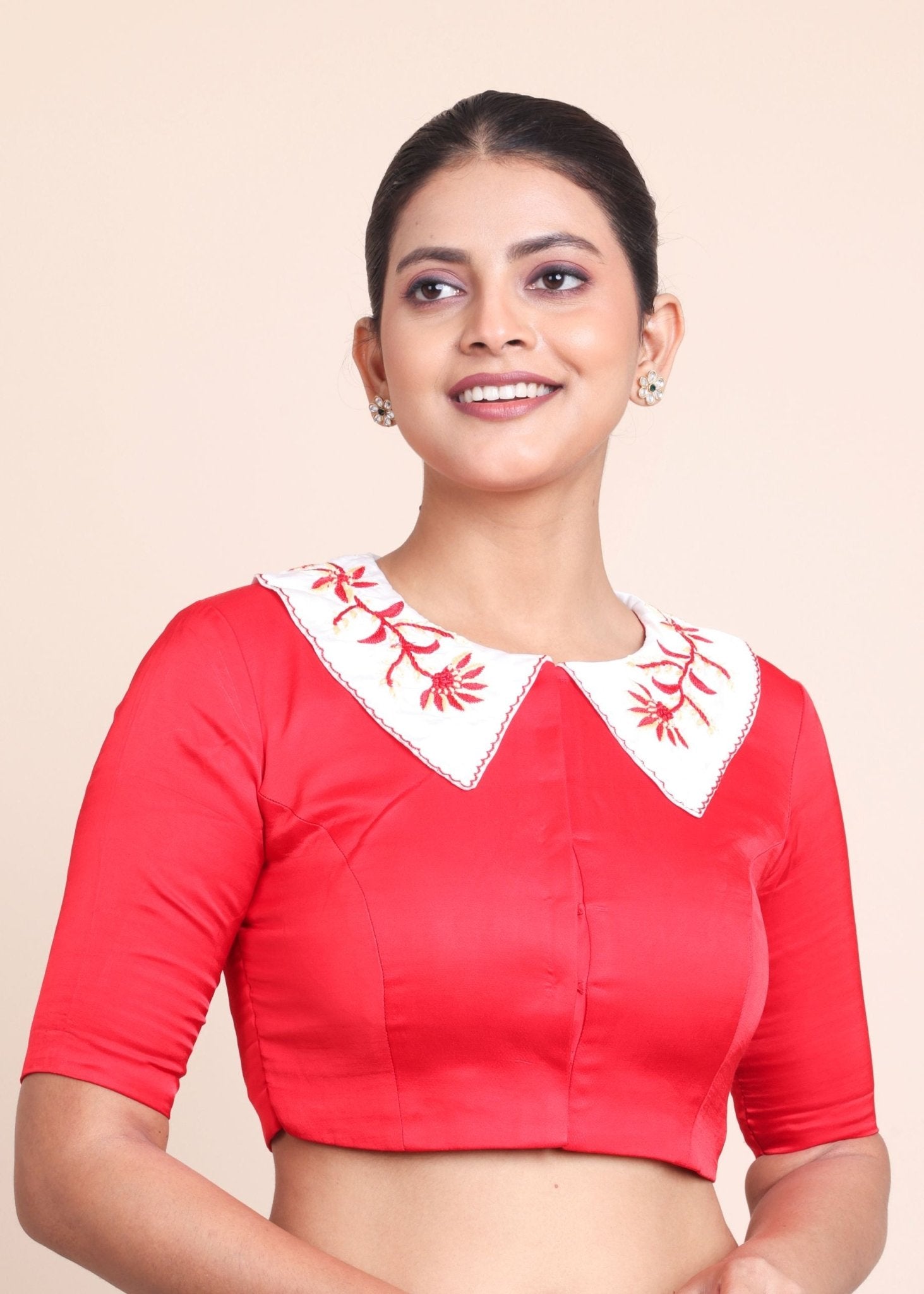 Red Collar Blouse With White Embroidered Collar - Anvi Couture
