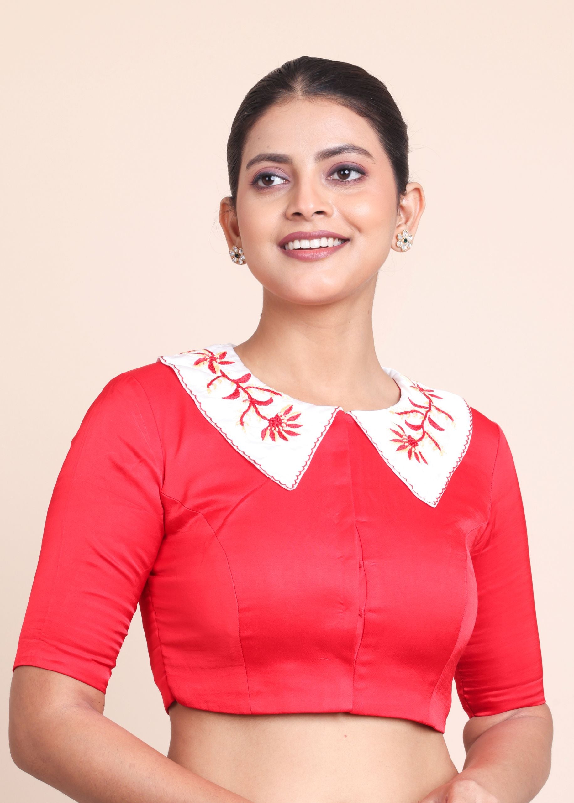 Red Collar Blouse With White Embroidered Collar Front