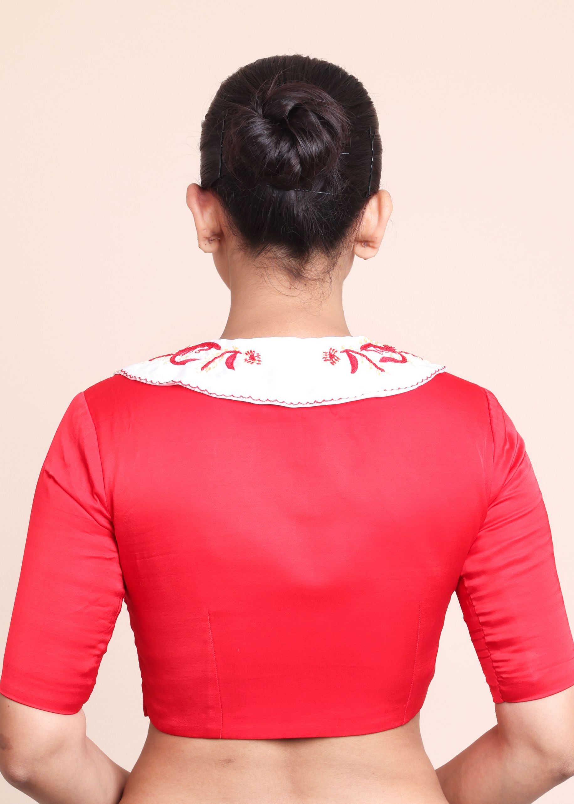 Red Collar Blouse With White Embroidered Collar Back