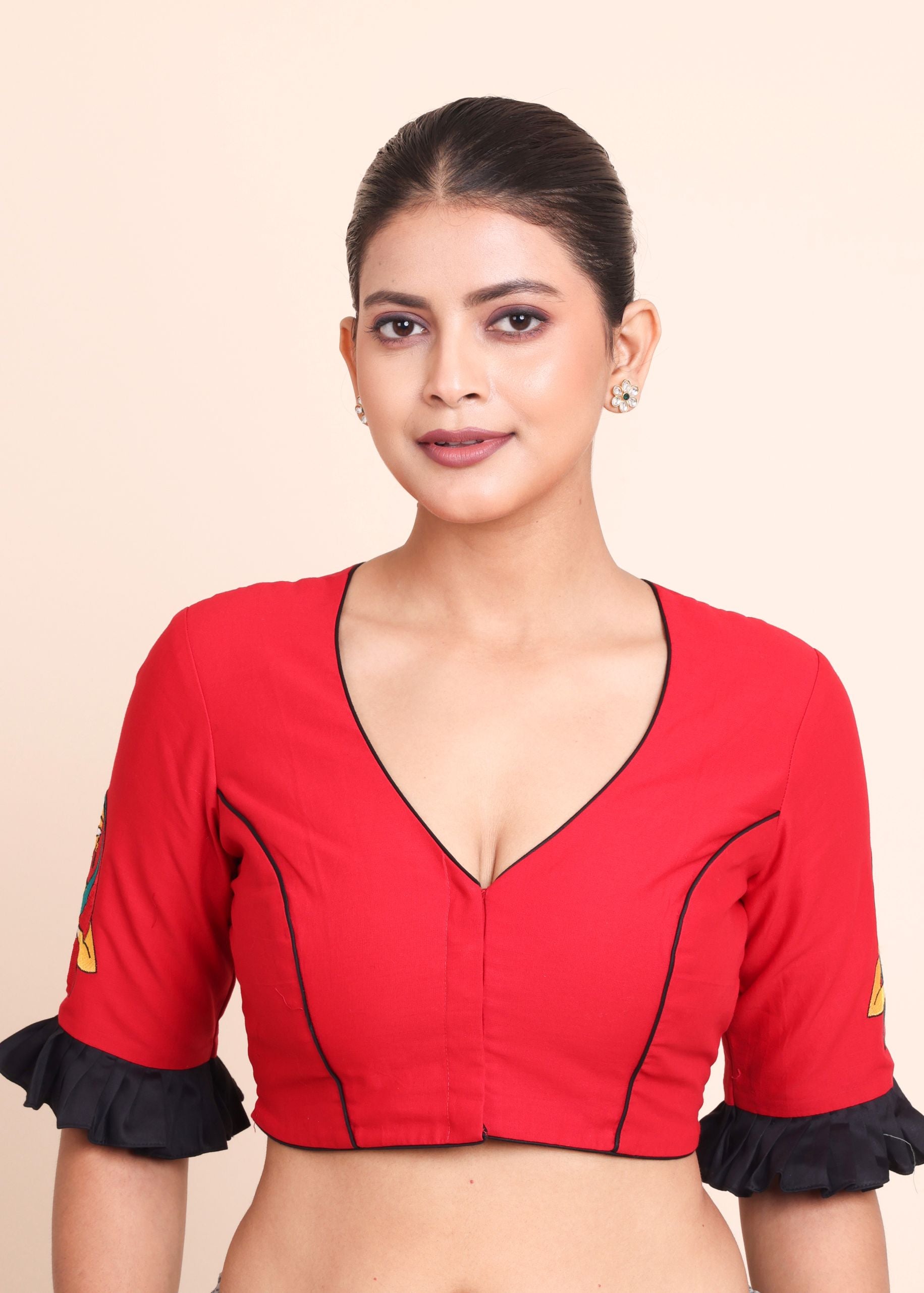 Red Cotton Blouse with Jamini Roy Applique Embroidered work full