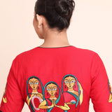 Red Cotton Blouse with Jamini Roy Applique Embroidered work back