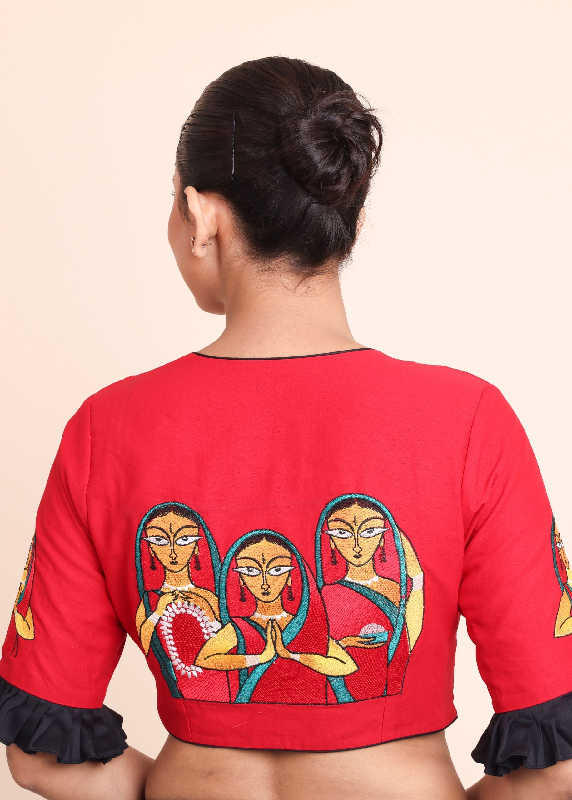 Red Cotton Blouse with Jamini Roy Applique Embroidered work back