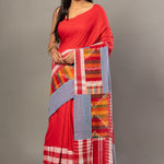 Red Cotton Gamcha Saree With Multicolor Checks - Anvi Couture