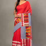 Red Cotton Gamcha Saree With Multicolor Checks - Anvi Couture
