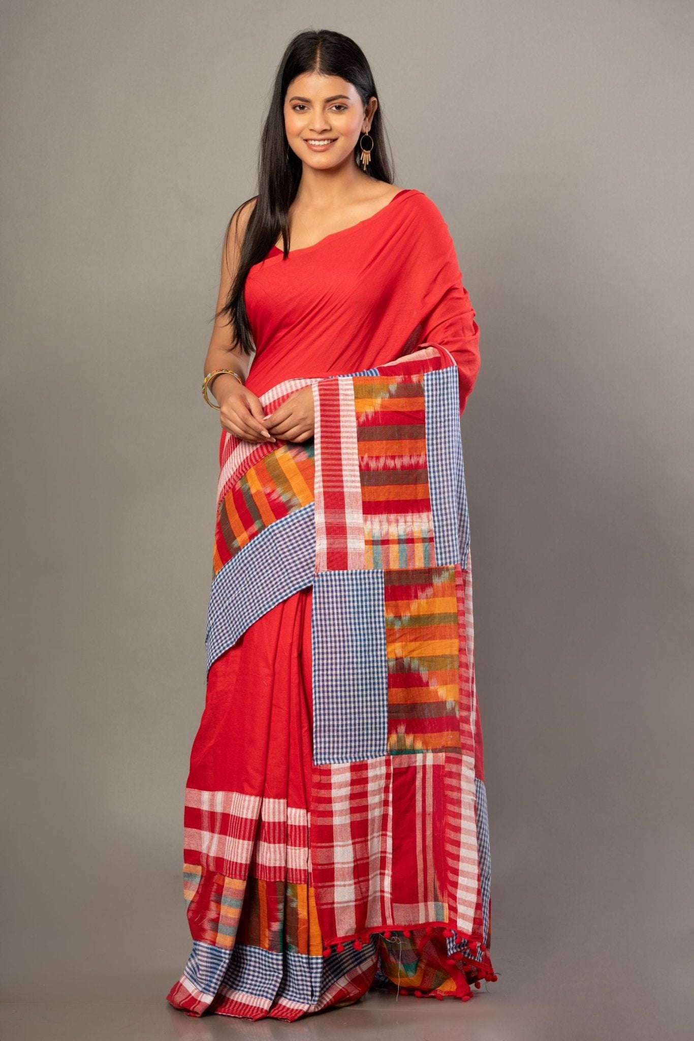 Red Cotton Gamcha Saree With Multicolor Checks - Anvi Couture